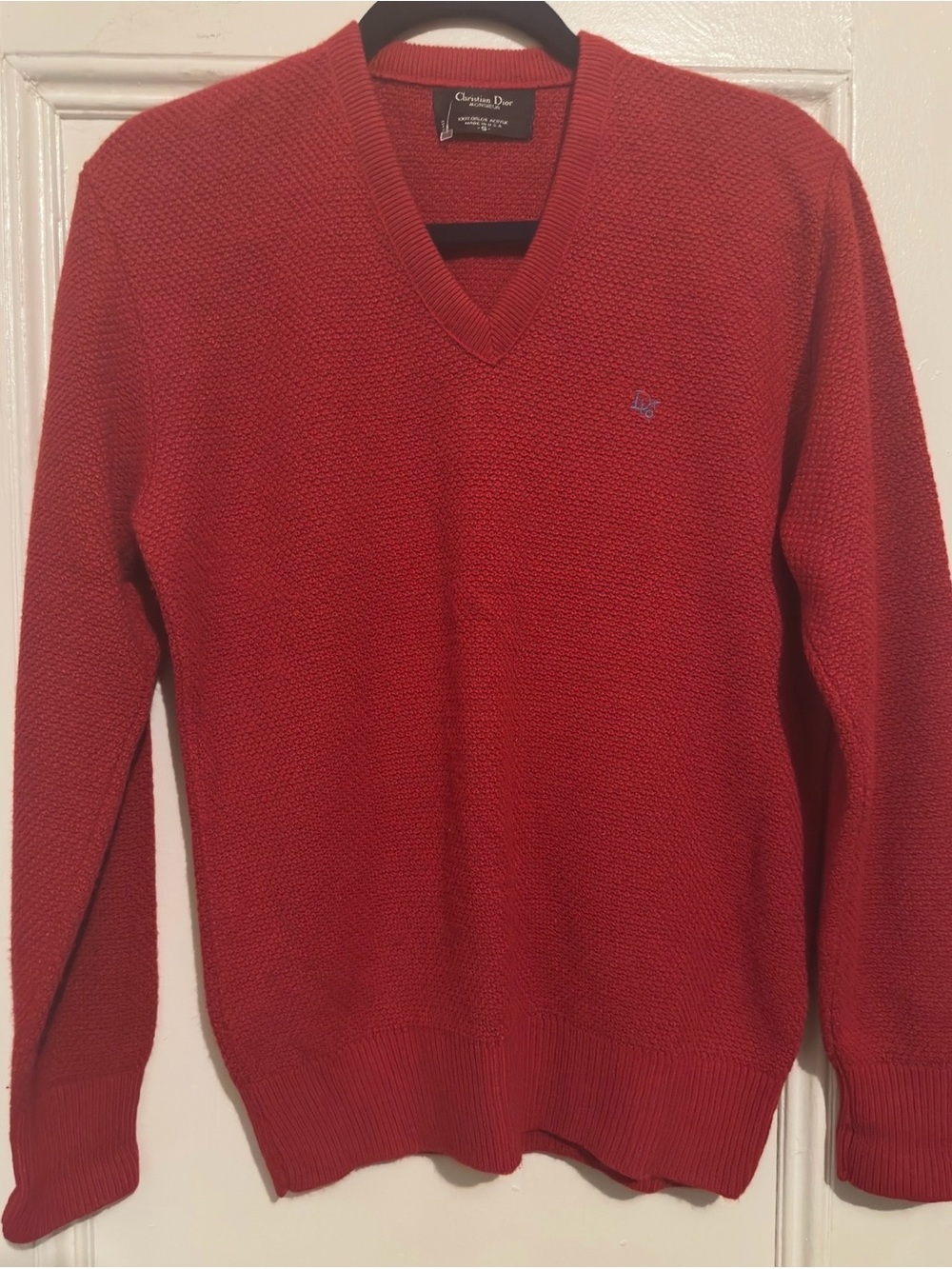 Vintage Christian Dior Men’s Red V-Neck Sweater. Size Small. L 26.25” x W 19”.